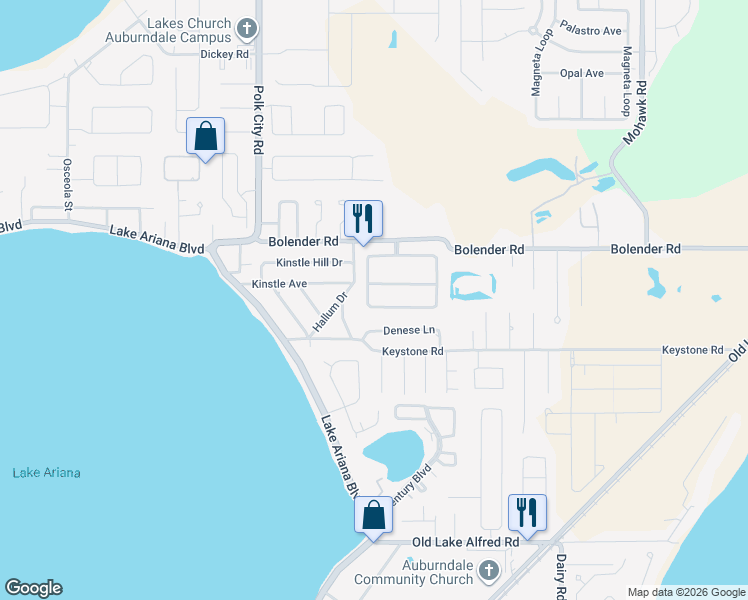 map of restaurants, bars, coffee shops, grocery stores, and more near 385 Pine Shadow Lane in Auburndale