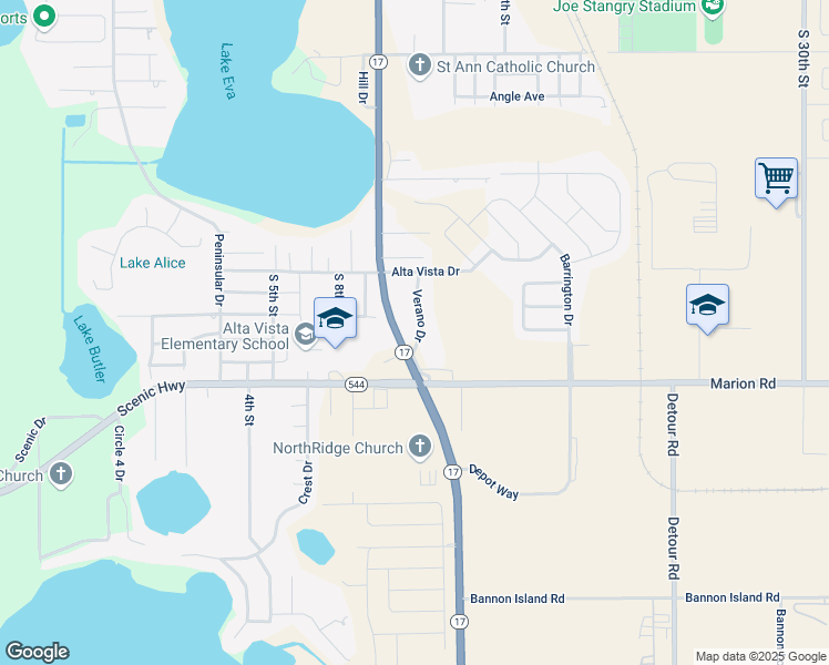 map of restaurants, bars, coffee shops, grocery stores, and more near 1917 Florida 17 in Haines City