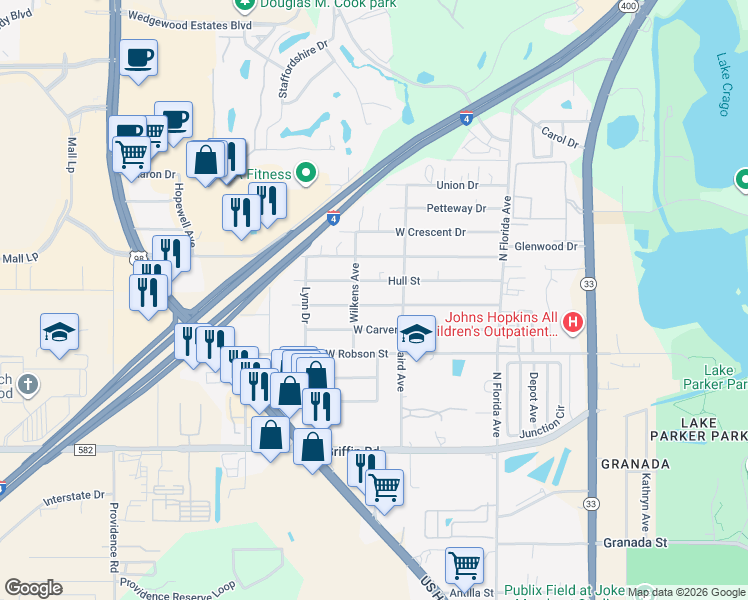map of restaurants, bars, coffee shops, grocery stores, and more near 612 Hennessee Street in Lakeland