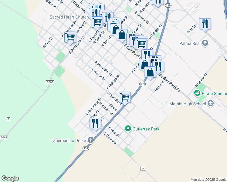 map of restaurants, bars, coffee shops, grocery stores, and more near 615 East Franklin Street in Mathis