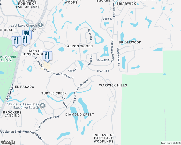 map of restaurants, bars, coffee shops, grocery stores, and more near 3380 Brian Road South in Palm Harbor