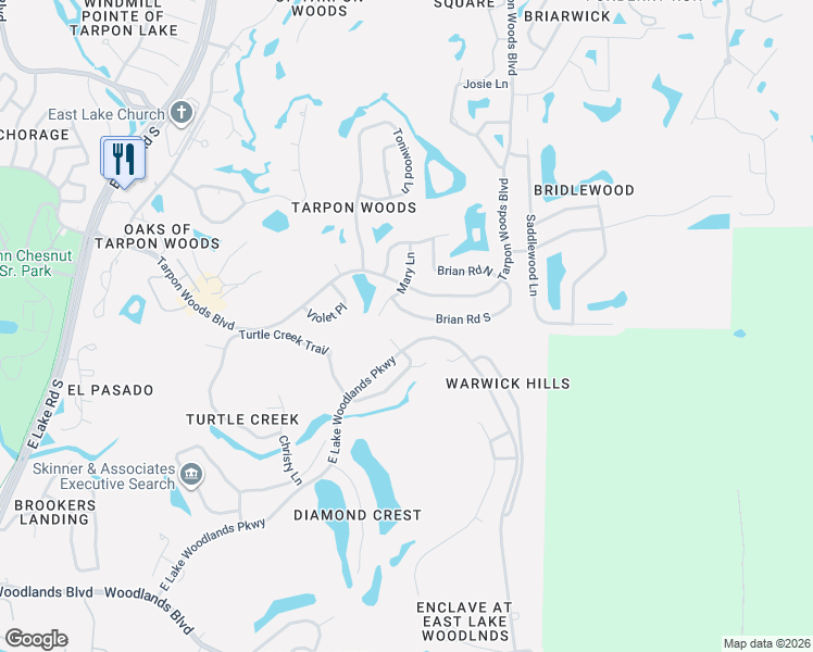 map of restaurants, bars, coffee shops, grocery stores, and more near 3380 Brian Road South in Palm Harbor