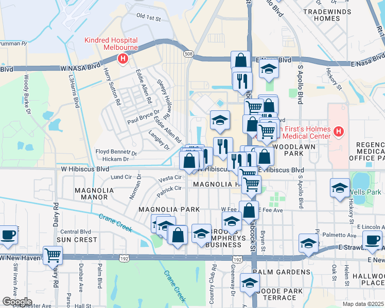 map of restaurants, bars, coffee shops, grocery stores, and more near 1305 Tradition Circle in Melbourne