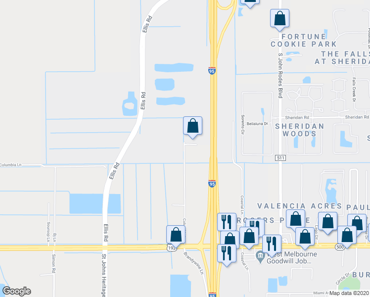 map of restaurants, bars, coffee shops, grocery stores, and more near 1425 Columbia Lane in Melbourne