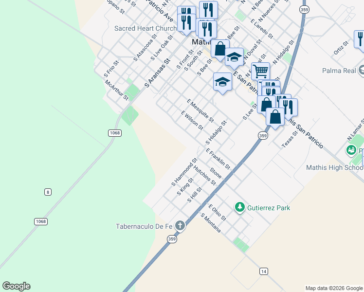 map of restaurants, bars, coffee shops, grocery stores, and more near 516 East Franklin Street in Mathis