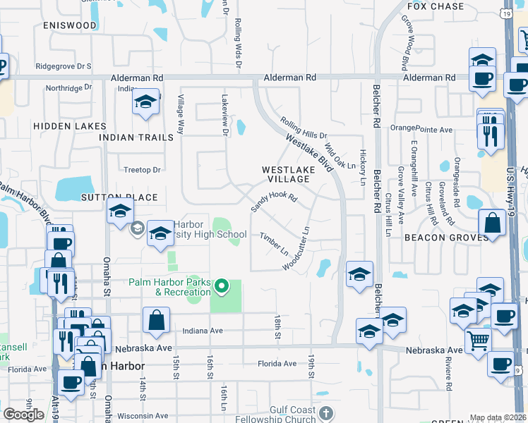 map of restaurants, bars, coffee shops, grocery stores, and more near 523 Lakeview Drive in Palm Harbor
