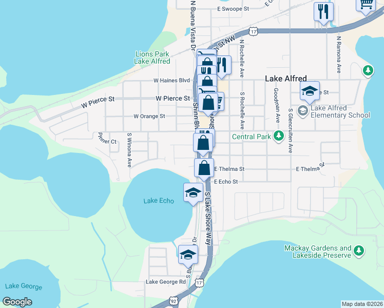 map of restaurants, bars, coffee shops, grocery stores, and more near 585 South Buena Vista Drive in Lake Alfred