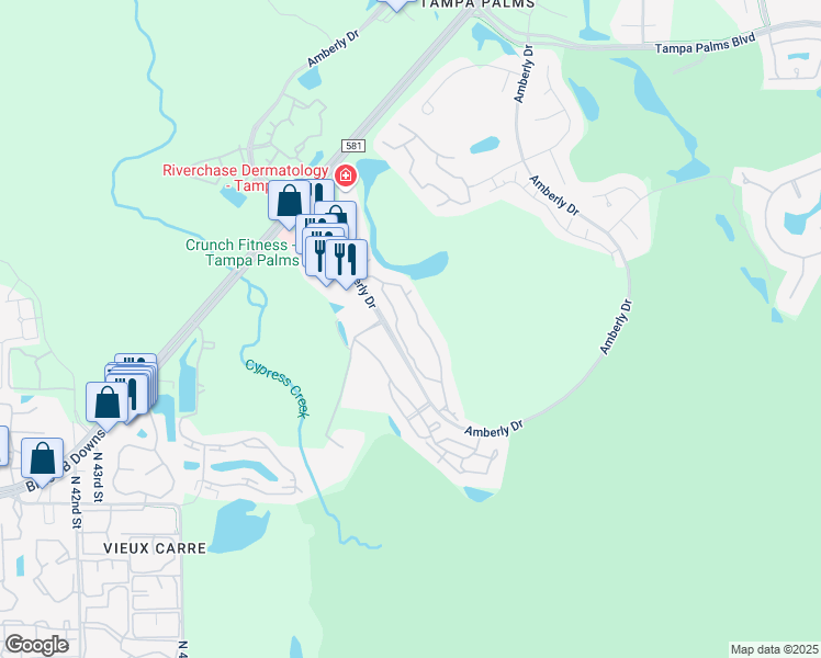 map of restaurants, bars, coffee shops, grocery stores, and more near 15350 Amberly Drive in Tampa