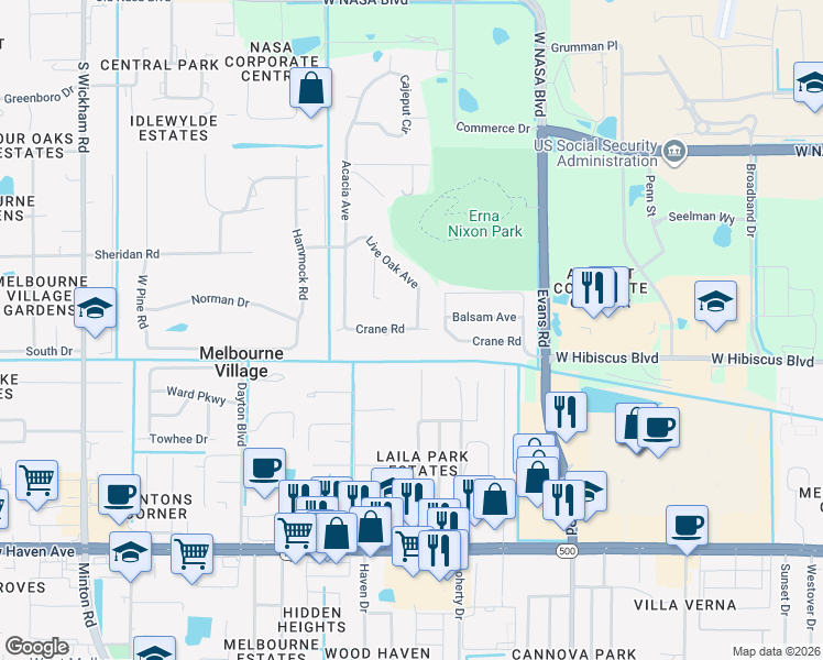 map of restaurants, bars, coffee shops, grocery stores, and more near 5609 Crane Road in Melbourne