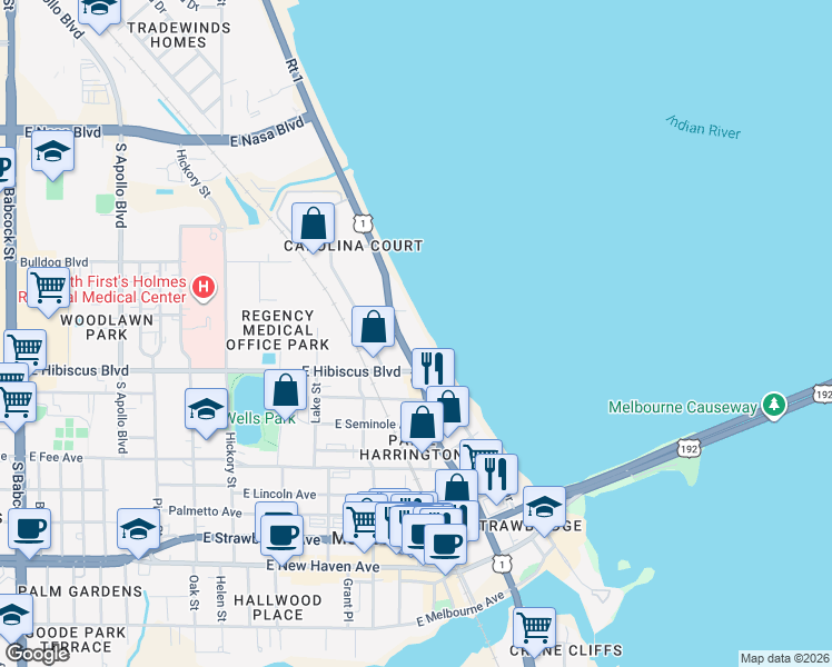 map of restaurants, bars, coffee shops, grocery stores, and more near 1435 South Harbor City Boulevard in Melbourne