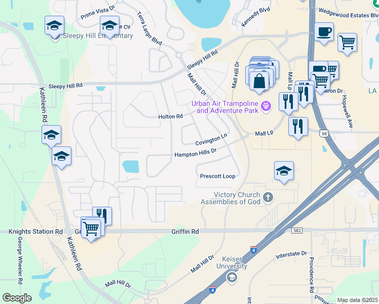 map of restaurants, bars, coffee shops, grocery stores, and more near 3765 Hampton Hills Road in Lakeland
