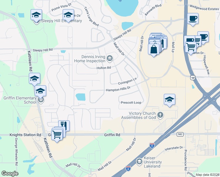 map of restaurants, bars, coffee shops, grocery stores, and more near 3781 Hampton Hills Drive in Lakeland
