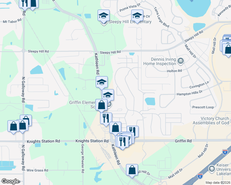 map of restaurants, bars, coffee shops, grocery stores, and more near 3464 Glen Abbey Lane in Lakeland