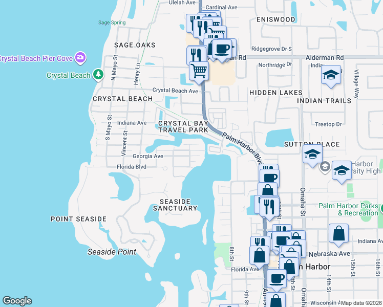 map of restaurants, bars, coffee shops, grocery stores, and more near 95 Georgia Avenue in Palm Harbor