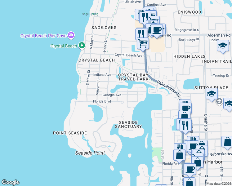 map of restaurants, bars, coffee shops, grocery stores, and more near 275 Georgia Avenue in Palm Harbor