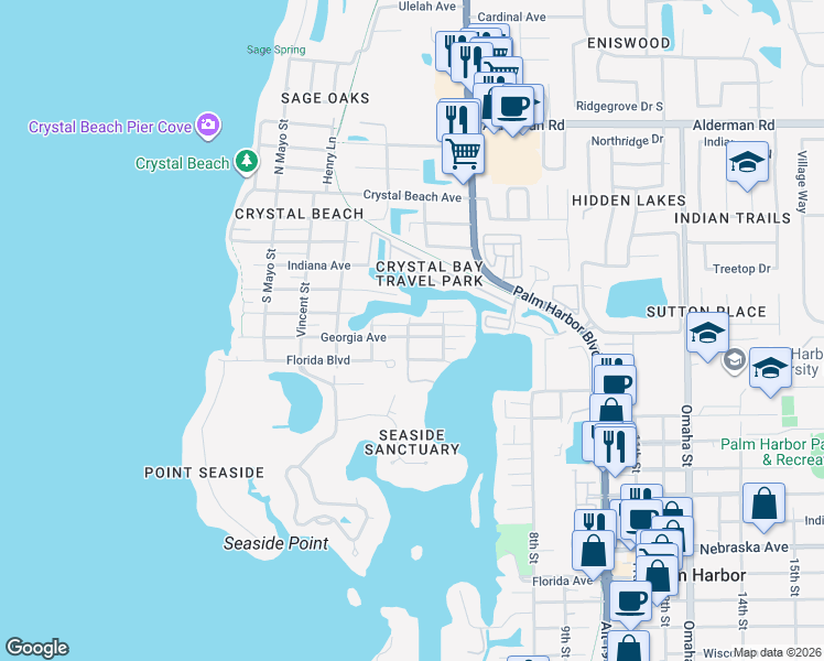 map of restaurants, bars, coffee shops, grocery stores, and more near 170 Georgia Avenue in Palm Harbor