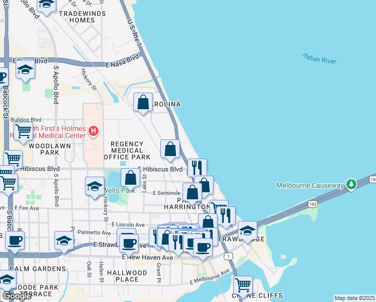 map of restaurants, bars, coffee shops, grocery stores, and more near 1432 South Harbor City Boulevard in Melbourne
