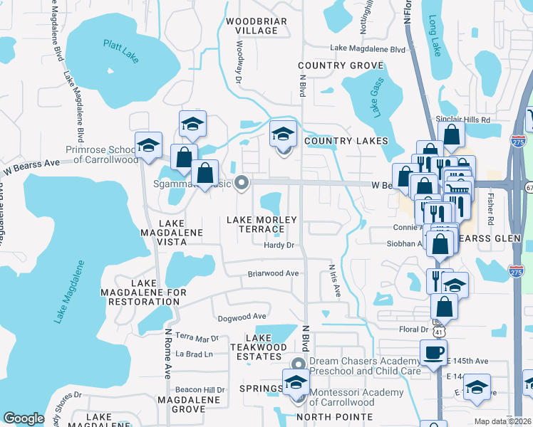 map of restaurants, bars, coffee shops, grocery stores, and more near 14917 Lejuene Lane in Tampa
