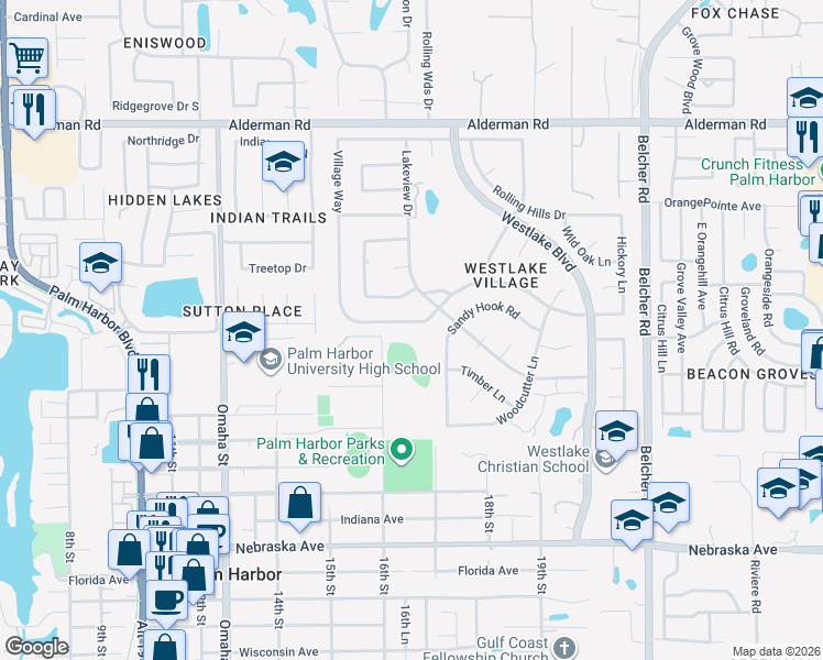 map of restaurants, bars, coffee shops, grocery stores, and more near 815 Village Way in Palm Harbor