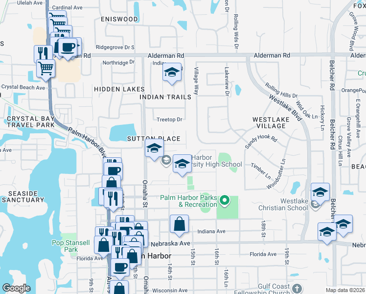 map of restaurants, bars, coffee shops, grocery stores, and more near 1462 Sutton Place Drive in Palm Harbor
