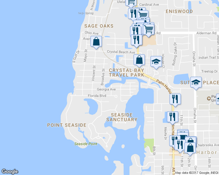 map of restaurants, bars, coffee shops, grocery stores, and more near 302 Georgia Avenue in Palm Harbor