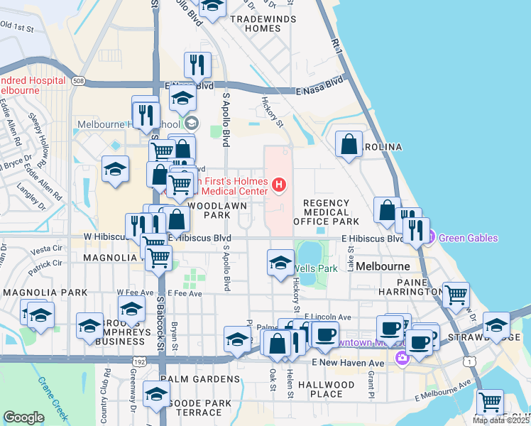 map of restaurants, bars, coffee shops, grocery stores, and more near 1431 Oak Street in Melbourne