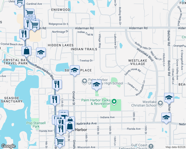 map of restaurants, bars, coffee shops, grocery stores, and more near 1462 Sutton Place Drive in Palm Harbor