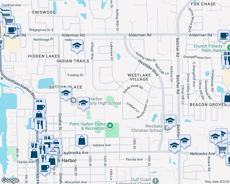 map of restaurants, bars, coffee shops, grocery stores, and more near 815 Village Way in Palm Harbor