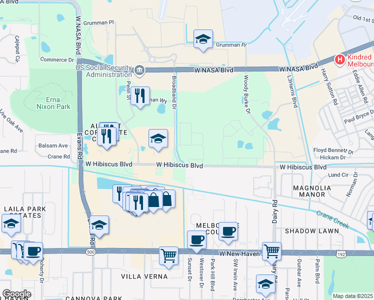 map of restaurants, bars, coffee shops, grocery stores, and more near 1110 West Hibiscus Boulevard in Melbourne