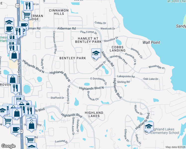 map of restaurants, bars, coffee shops, grocery stores, and more near 3207 East Dorchester Drive in Palm Harbor