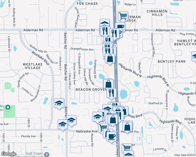 map of restaurants, bars, coffee shops, grocery stores, and more near 2053 Orangeside Road in Palm Harbor