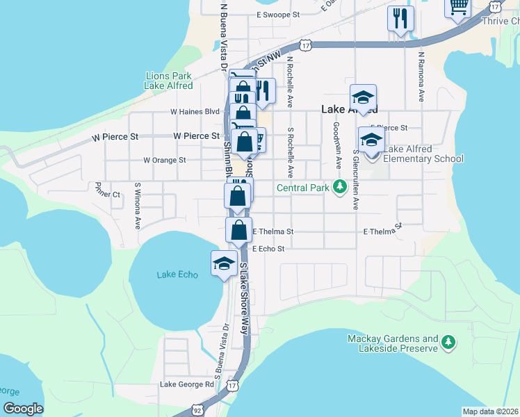 map of restaurants, bars, coffee shops, grocery stores, and more near 125 East Hoffman Street in Lake Alfred