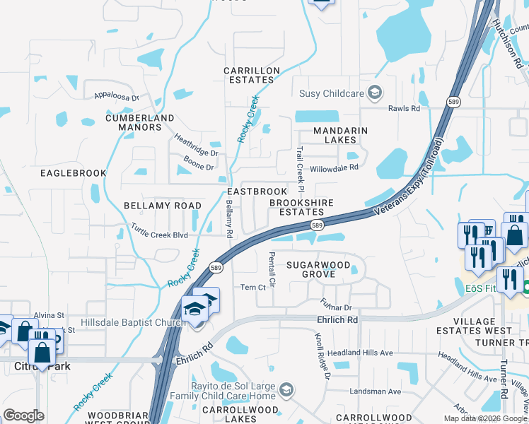 map of restaurants, bars, coffee shops, grocery stores, and more near 14833 Redcliff Drive in Tampa