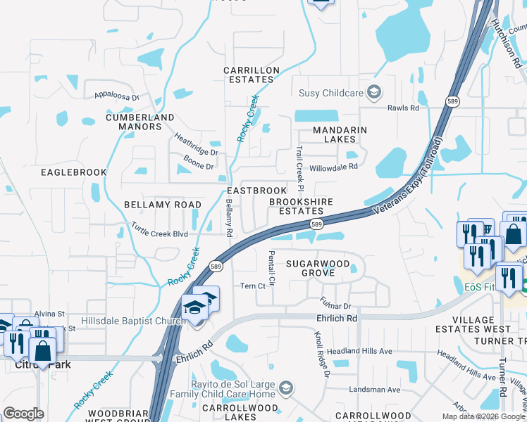 map of restaurants, bars, coffee shops, grocery stores, and more near 14833 Redcliff Drive in Tampa