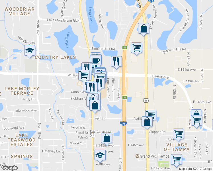 map of restaurants, bars, coffee shops, grocery stores, and more near 14989 North Florida Avenue in Tampa