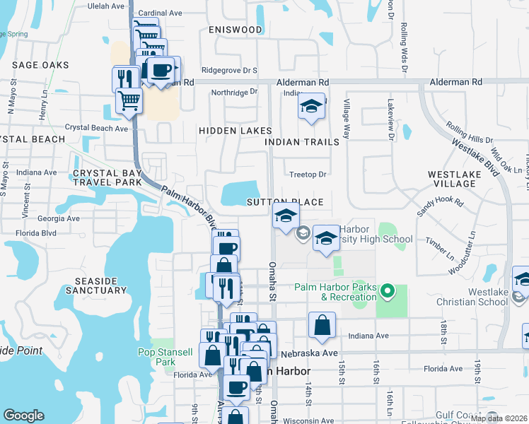 map of restaurants, bars, coffee shops, grocery stores, and more near 1302 Sutton Place Drive in Palm Harbor