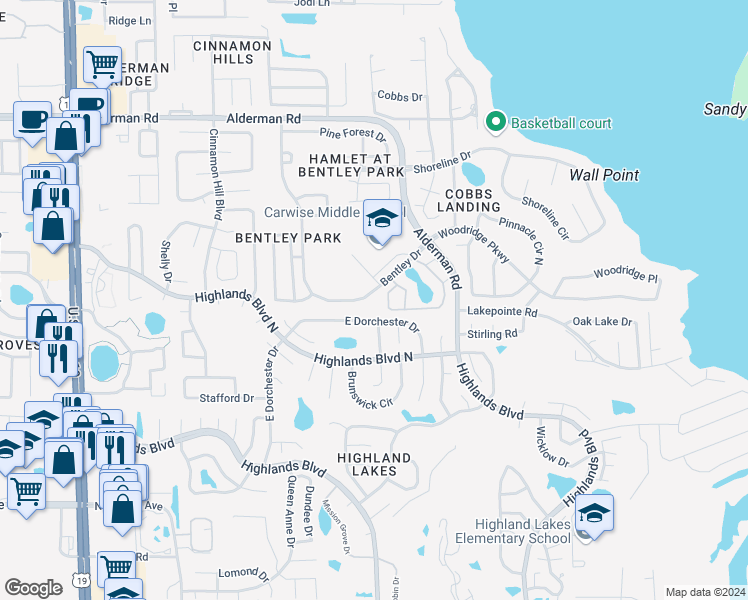 map of restaurants, bars, coffee shops, grocery stores, and more near 3242 Bentley Drive in Palm Harbor