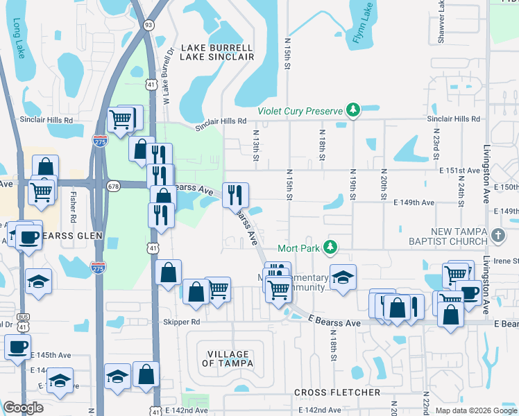 map of restaurants, bars, coffee shops, grocery stores, and more near 1210 East Bearss Avenue in Lutz