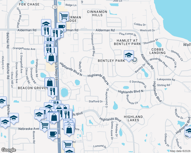map of restaurants, bars, coffee shops, grocery stores, and more near 2856 Neil Court in Palm Harbor