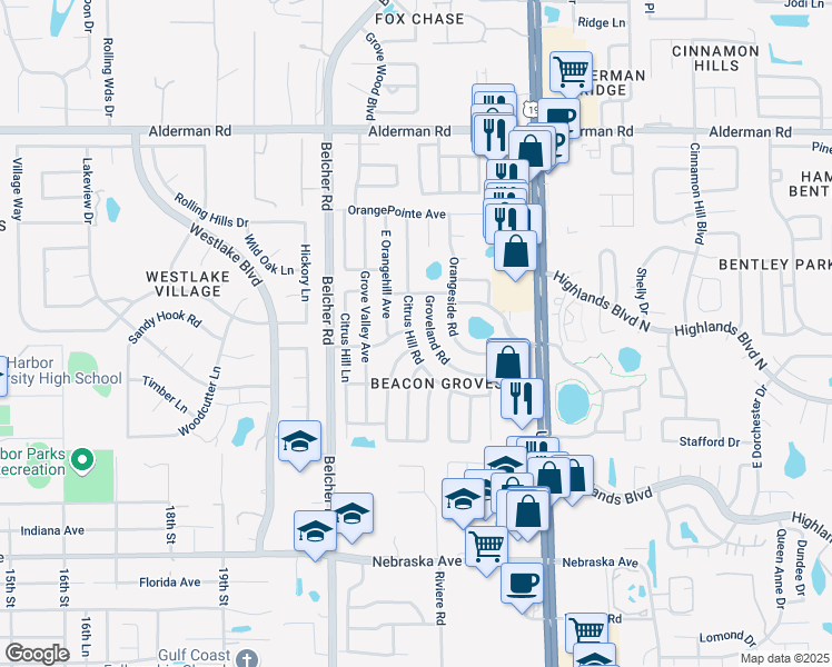 map of restaurants, bars, coffee shops, grocery stores, and more near 1783 West Groveleaf Avenue in Palm Harbor