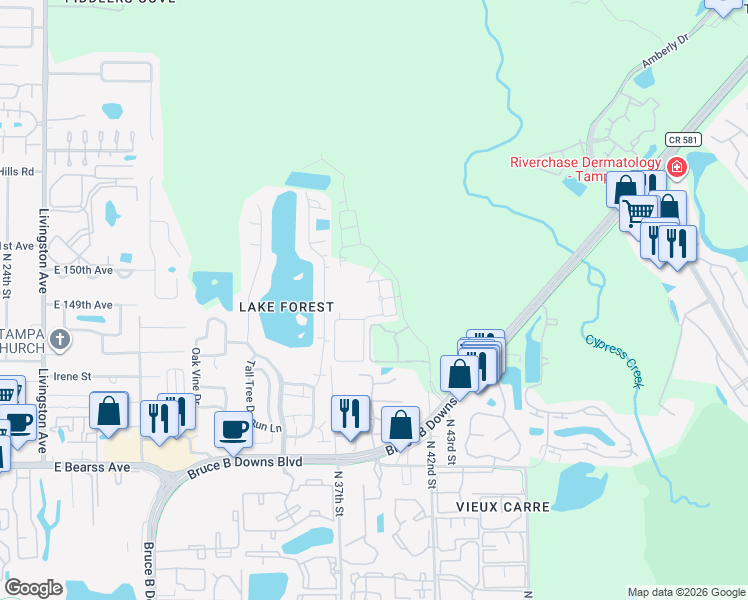 map of restaurants, bars, coffee shops, grocery stores, and more near 14739 Norwood Oaks Drive in Tampa
