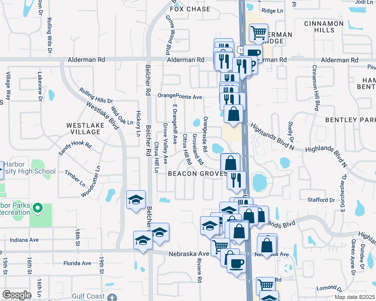 map of restaurants, bars, coffee shops, grocery stores, and more near 1783 West Groveleaf Avenue in Palm Harbor