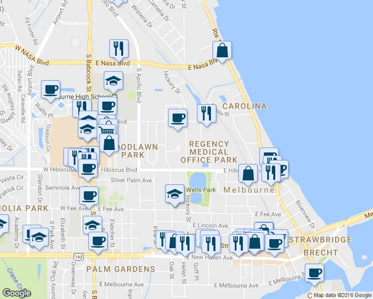 map of restaurants, bars, coffee shops, grocery stores, and more near 1405 Hickory Street in Melbourne