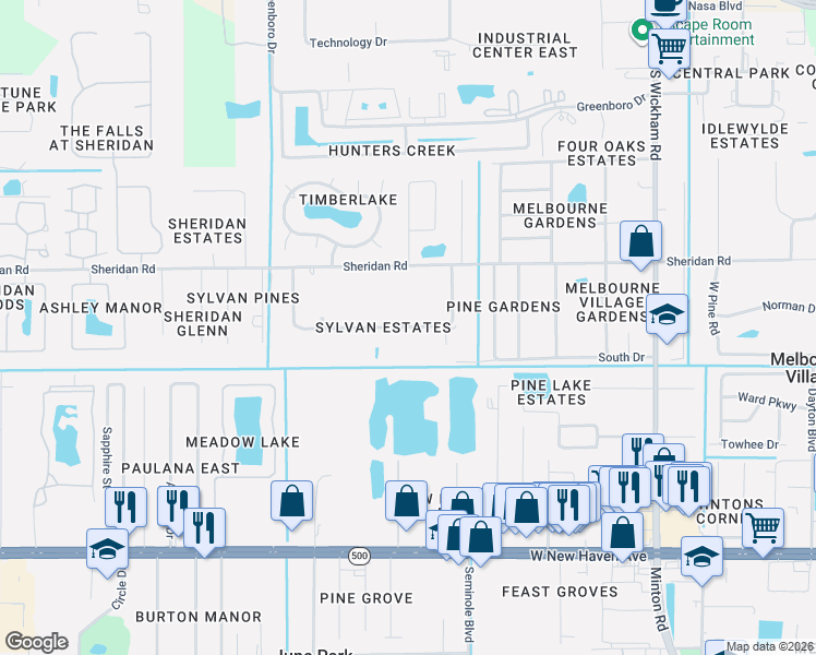 map of restaurants, bars, coffee shops, grocery stores, and more near 8449 Sylvan Drive in Melbourne