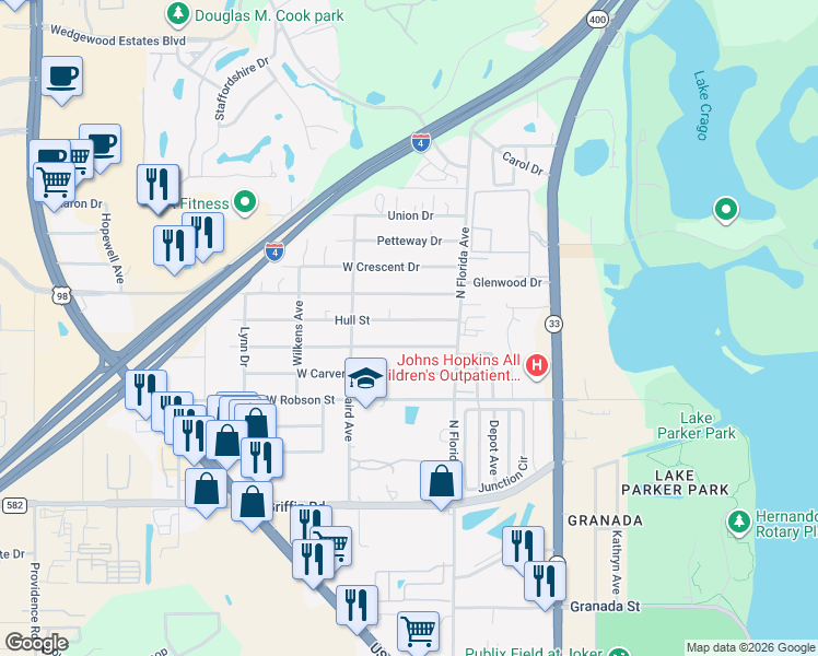 map of restaurants, bars, coffee shops, grocery stores, and more near 208 Hennessee Street in Lakeland