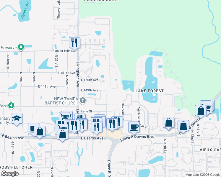 map of restaurants, bars, coffee shops, grocery stores, and more near 3002 East 149th Avenue in Lutz