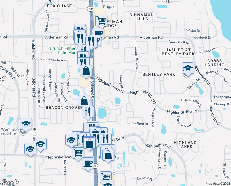 map of restaurants, bars, coffee shops, grocery stores, and more near 2603 Camille Drive in Palm Harbor