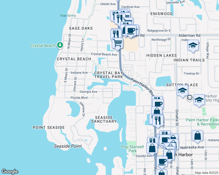 map of restaurants, bars, coffee shops, grocery stores, and more near 122 Lorraine Street in Palm Harbor
