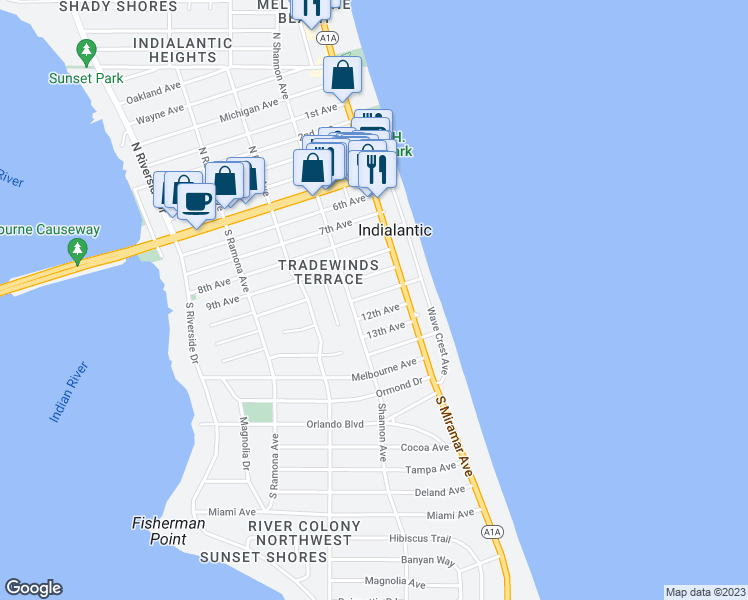 map of restaurants, bars, coffee shops, grocery stores, and more near 125 11th Avenue in Indialantic