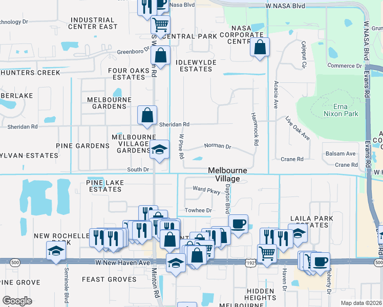 map of restaurants, bars, coffee shops, grocery stores, and more near 6831 Norman Drive in Melbourne